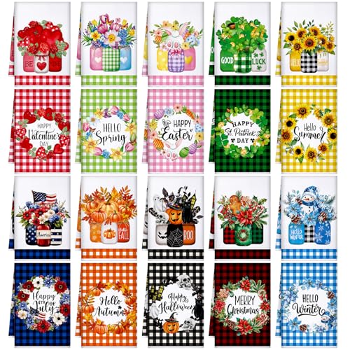 FuWeave 20 Pcs Holiday Kitchen Towels Set Seasonal Decorative Hand Towels Bulk Summer Patriotic 4th of July Tea Dishcloths with Hanging Loop for Kitchen Bathroom CookingBouquet - Image 1