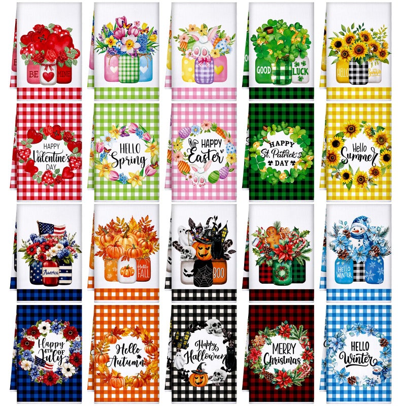 FuWeave 20 Pcs Holiday Kitchen Towels Set Seasonal Decorative Hand Towels Bulk Summer Patriotic 4th of July Tea Dishcloths with Hanging Loop for Kitchen Bathroom CookingBouquet - Image 2