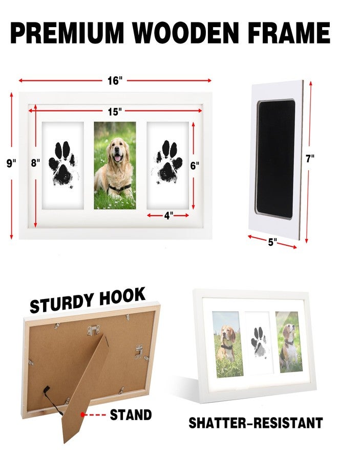 AEVETE 8x15 Pet Paw Print Picture Frame Inkless Kit Wooden Pet Memorial Gifts for Tabletop or Wall Display Three 4x6 Photos White - Image 2