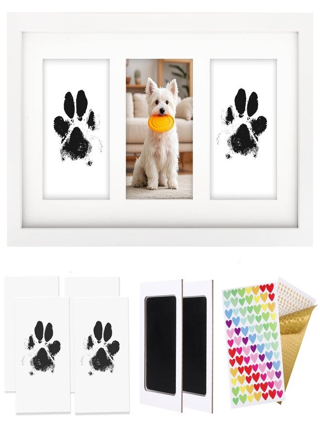AEVETE 8x15 Pet Paw Print Picture Frame Inkless Kit Wooden Pet Memorial Gifts for Tabletop or Wall Display Three 4x6 Photos White - Image 1
