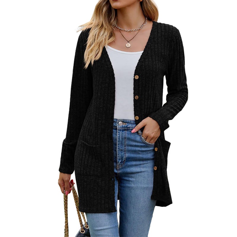 Witsmile Womenâ€™s 2024 Fall Fashion Cardigan Lightweight Soft Knit Cardigan for Women Long Sleeve Open Front Coat with Pockets(Black, Large) - Image 1