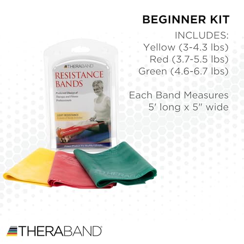 THERABAND Resistance Bands Set, Beginner Kit, Yellow, Red, Green, Latex Elastic Bands for Exercise & Physical Therapy, Strength Training Bands for Upper & Lower Body Fitness - Image 2