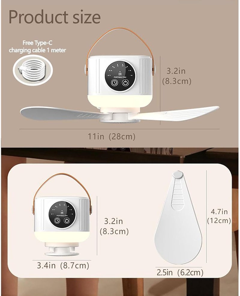 Portable Ceiling Fan Mini USB Camping Tent Fan Light with Remote Control with 3 Detachable Fans 3600mAh Battery Powered Rechargeable Smart Timing 4 Adjustable Wind Speeds for Outdoor Dormitory (White with Tripod) - Image 2
