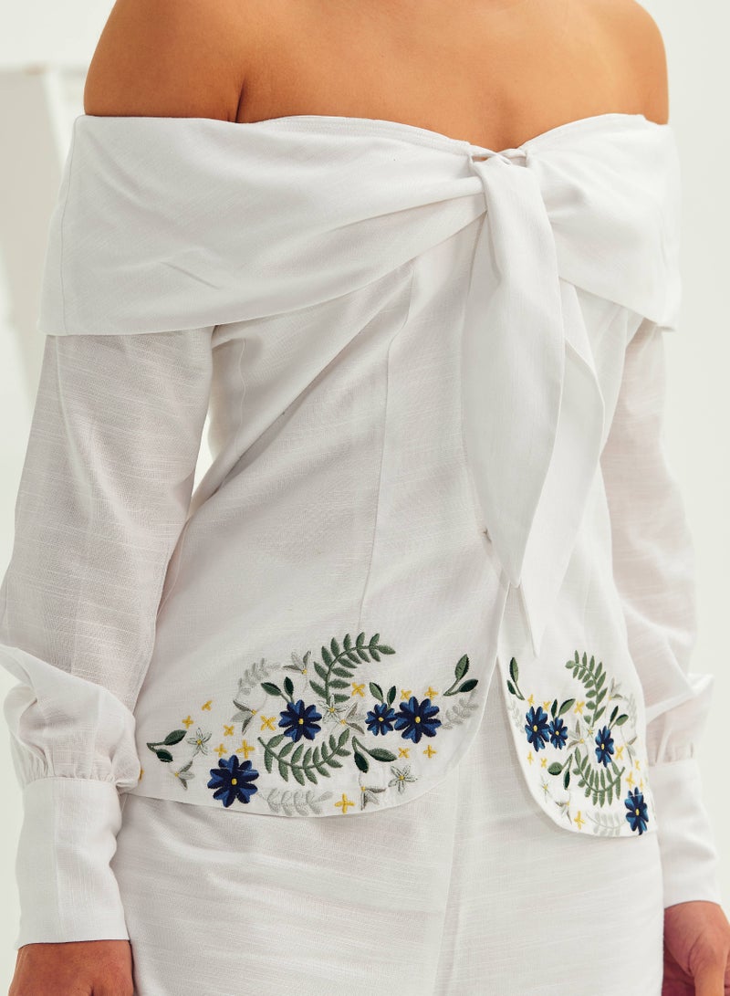 Ashita Fernandes Ashita Fernandes Amaya Top for women – White Floral Embroidered Off-Shoulder Linen Top, Flowy, Wrinkle-Resistant & Sustainable  - Image 1