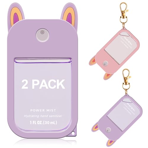Fcgbdbz 2 Pack Cute Hand Sanitizer Holder Keychain, Compatible with Touchland Hand Sanitizer Spray (1oz/30ml), Travel Size Silicone Case with Key Ring, Portable for Backpack Purse Bag, Purple & Pink - Image 1