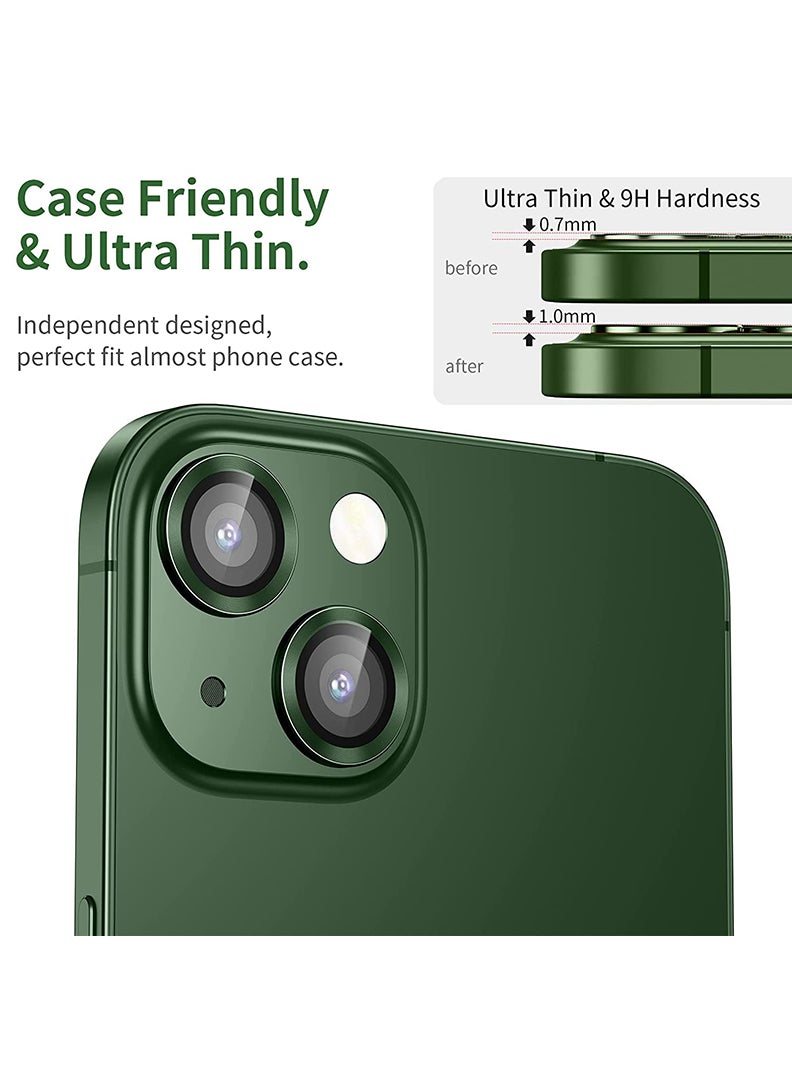 Theodor iPhone 13/ 13 Mini 2 Pcs Camera Lens Protector With 9H Tempered HD Glass Camera Cover Anti Scratch Aluminum Alloy Camera Ring, Green - Image 3