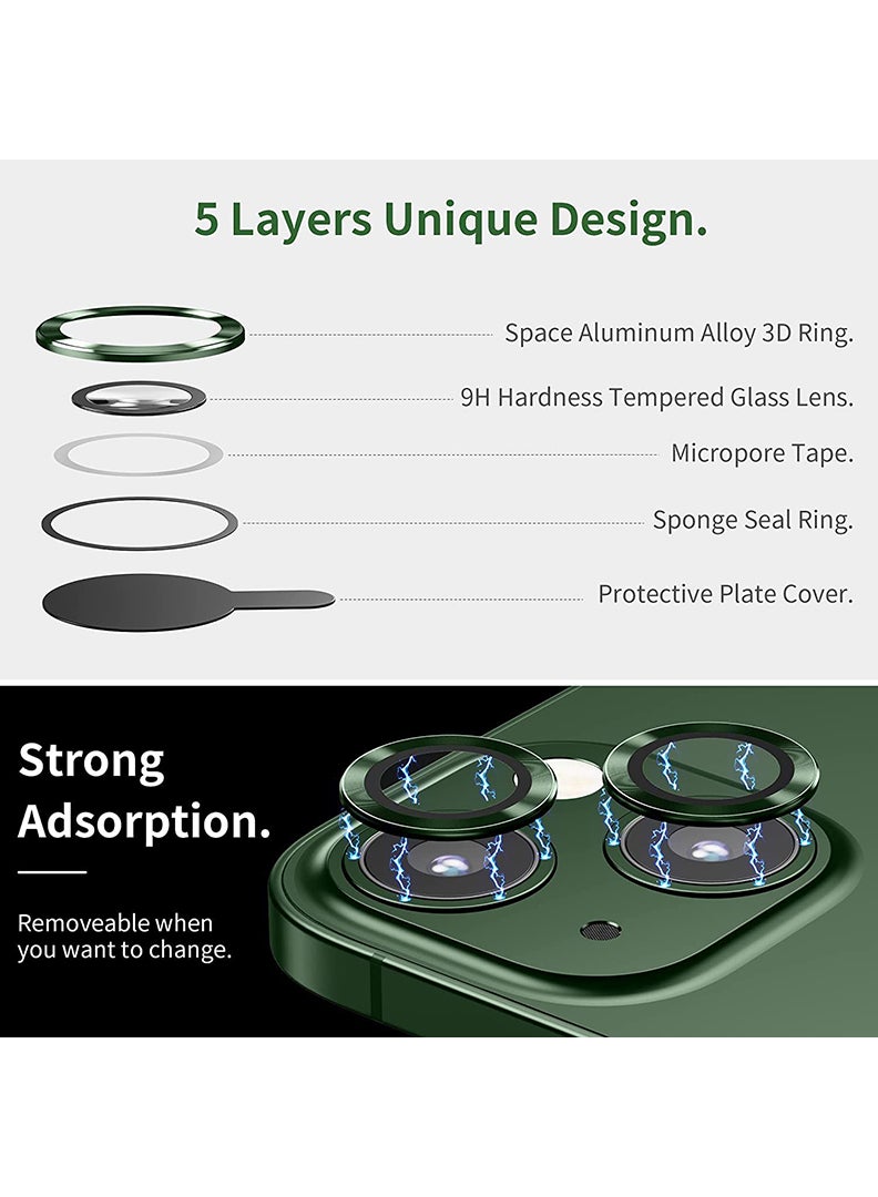 Theodor iPhone 13/ 13 Mini 2 Pcs Camera Lens Protector With 9H Tempered HD Glass Camera Cover Anti Scratch Aluminum Alloy Camera Ring, Green - Image 2