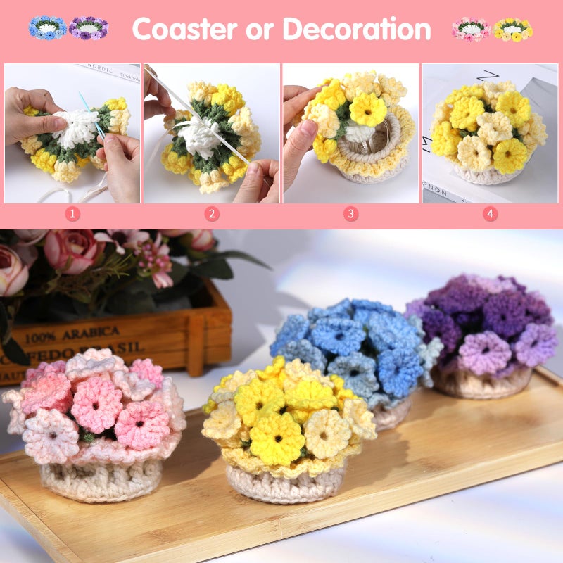 Iuuidu Crochet Kit for Beginners-4PCS Coaster Flower Pot Crochet Kits Coaster Crochet Starter Kit with Crochet Yarns,Hooks, Easy Videos Tutorials to Crochet for Office, Coffee Table, Home Decor - Image 5