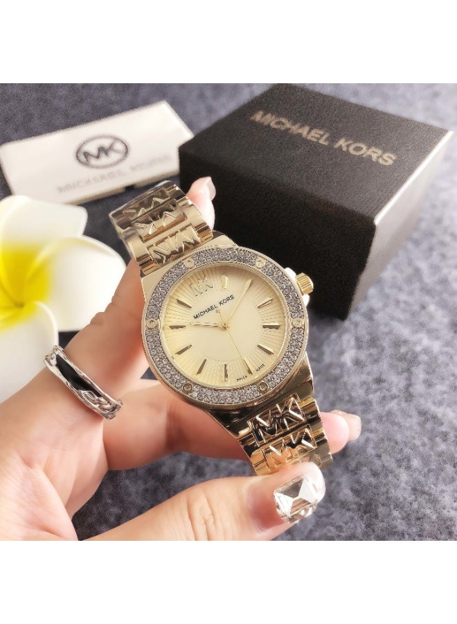 ام كي Michael Kors Women's Gold - Tone Watch with Crystal - Embellished Bezel and Logo - Detailed Bracelet