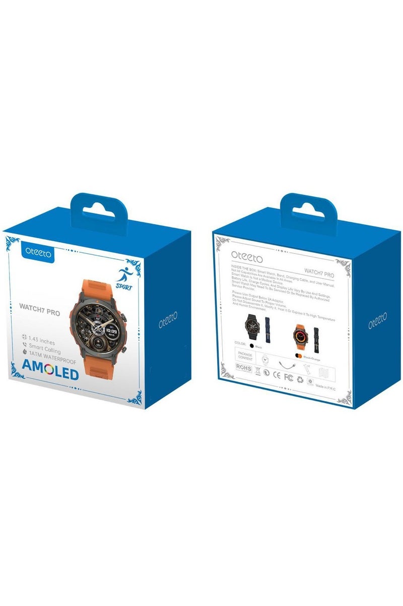 أوتيتو ساعة Oteeto Watch 7 Pro تجمع بين الأداء المميز والتصميم الرياضي الأنيق.  شاشة AMOLED بحجم 1.43 بوصة تقدم ألوانًا حيوية وتباينًا عاليًا مع استجابة لمس سلسة جدًا، مما يجعل من استخدامها تجربة بصرية مريحة . ميزة المكالمات الذكية (Smart Calling) تتيح لك إجراء واستقبال المكالمات مباشرة من المعصم وسهولة في الاتصال . - Image 2