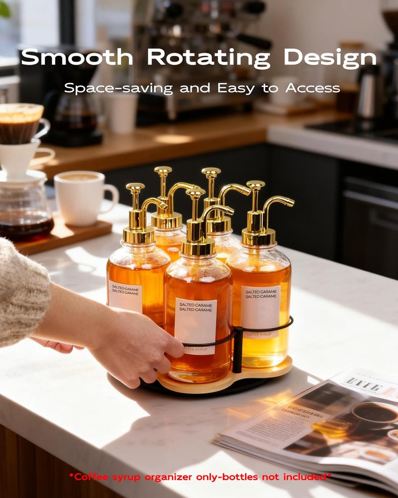 IntreLife Rotating Coffee Syrup Organizer, Syrup Bottle Holder for Coffee Syrup Dispenser 16.9oz, Bamboo Coffee Syrup Rack for Coffee Bar Station Countertop, Coffee Bar Accessories(Syrup Rack Only) - Image 4