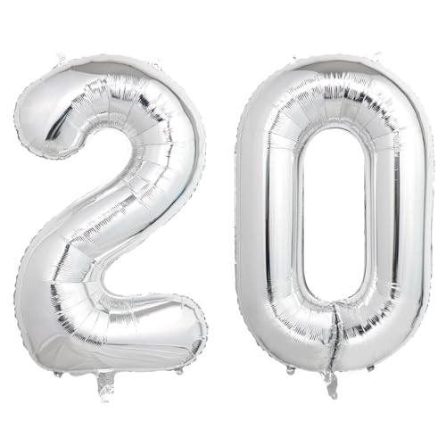 SINBEE 40 Inch Silver 20 Number Balloons Giant Jumbo Helium Mylar Foil Silver Number Balloons for Birthday Silver Mylar Digital Balloons for 20th Birthday Anniversary Party Decorations Supplies - Image 1