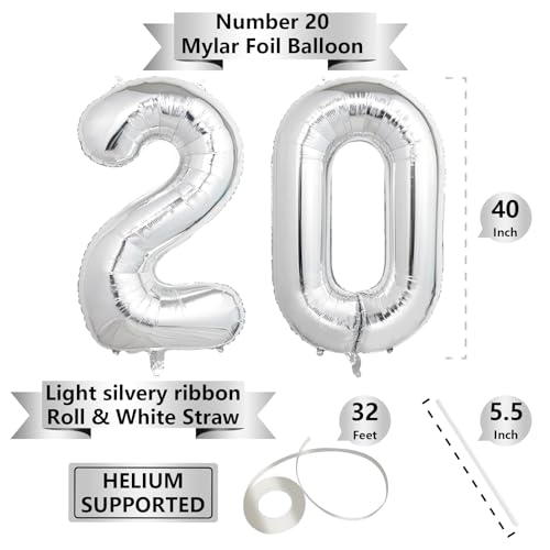 SINBEE 40 Inch Silver 20 Number Balloons Giant Jumbo Helium Mylar Foil Silver Number Balloons for Birthday Silver Mylar Digital Balloons for 20th Birthday Anniversary Party Decorations Supplies - Image 5