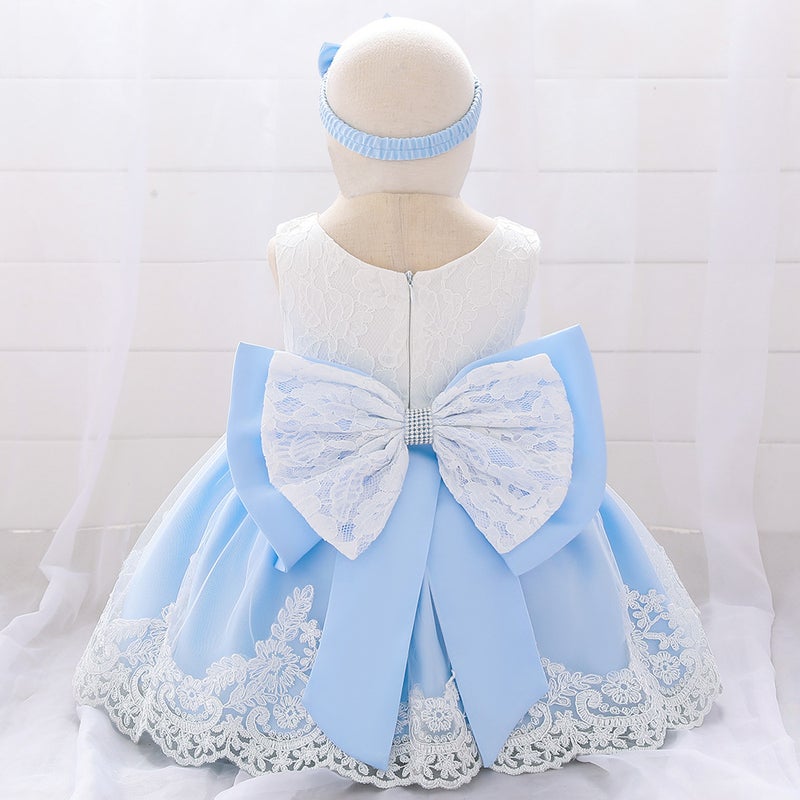 Amazon Baby Dress Big Bow Lace Wedding Princess Dress Baby One Year Old Wash Dress Hair Belt L1911XZ-Blue 