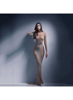 Spring New European And American Fashion Rhinestone Women's Mesh Transparent Long Sleeve Split Dress Dress