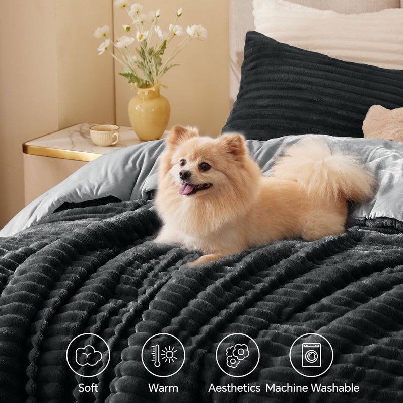 BEDELITE Fleece Queen Comforter Set -Super Soft & Warm Fluffy Black Bedding, Luxury Fuzzy Heavy Bed Set for Winter with 2 Pillow Cases - Image 3