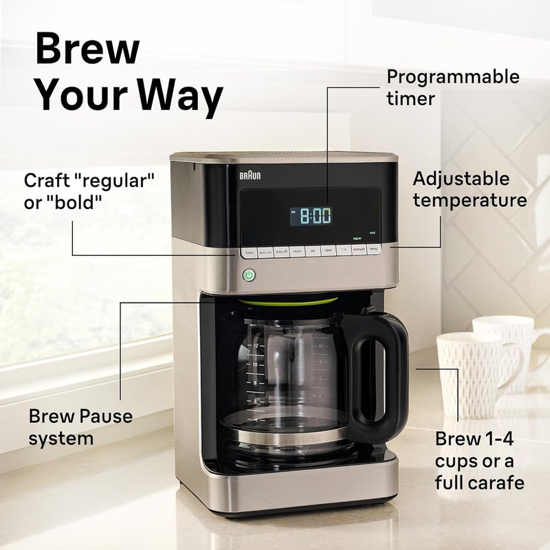 BRAUN صانعة القهوة BrewSense 12 كوب - إيقاف وصب أثناء التحضير، آلة قهوة مع مؤقت وساعة لمدة 24 ساعة، قوة قوية وعادية، وظائف 1-4 أكواب، تنظيف ذاتي، إيقاف تلقائي، فولاذ مقاوم للصدأ - Image 4