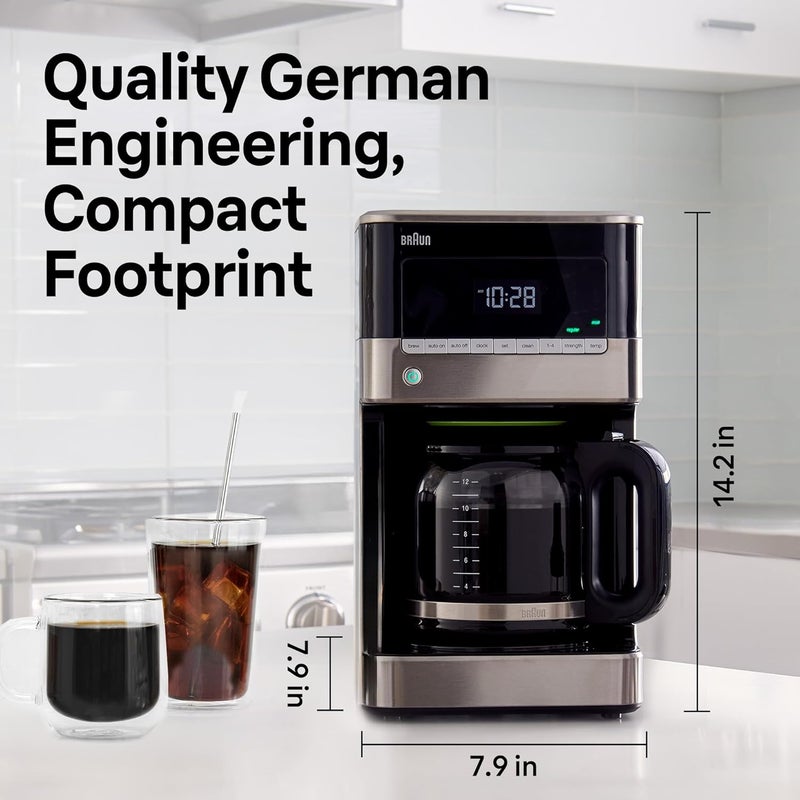 BRAUN صانعة القهوة BrewSense 12 كوب - إيقاف وصب أثناء التحضير، آلة قهوة مع مؤقت وساعة لمدة 24 ساعة، قوة قوية وعادية، وظائف 1-4 أكواب، تنظيف ذاتي، إيقاف تلقائي، فولاذ مقاوم للصدأ - Image 3