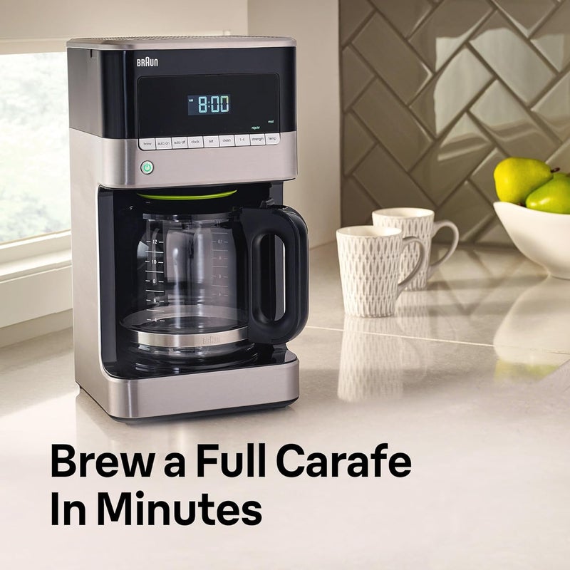 BRAUN صانعة القهوة BrewSense 12 كوب - إيقاف وصب أثناء التحضير، آلة قهوة مع مؤقت وساعة لمدة 24 ساعة، قوة قوية وعادية، وظائف 1-4 أكواب، تنظيف ذاتي، إيقاف تلقائي، فولاذ مقاوم للصدأ - Image 2