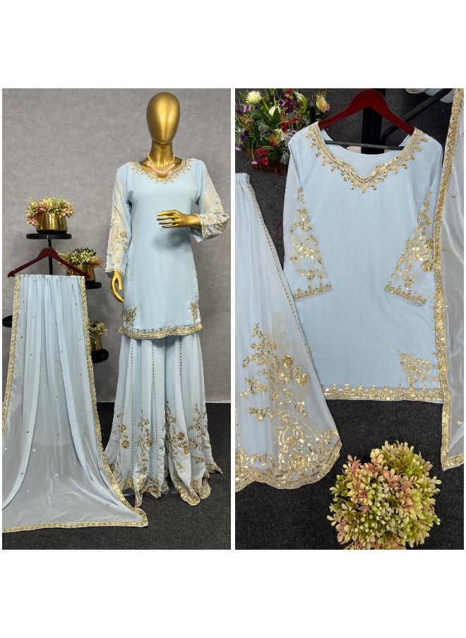 "Gleaming Grace: Faux Georgette Sharara Suit with Sequin Embroidery"
