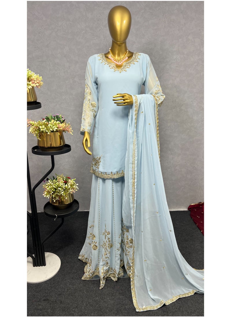 Super Asian "Gleaming Grace: Faux Georgette Sharara Suit with Sequin Embroidery"  - Image 1
