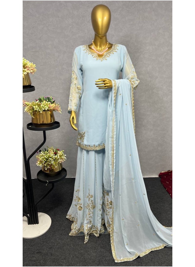 "Gleaming Grace: Faux Georgette Sharara Suit with Sequin Embroidery"