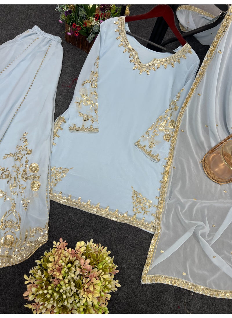 "Gleaming Grace: Faux Georgette Sharara Suit with Sequin Embroidery"