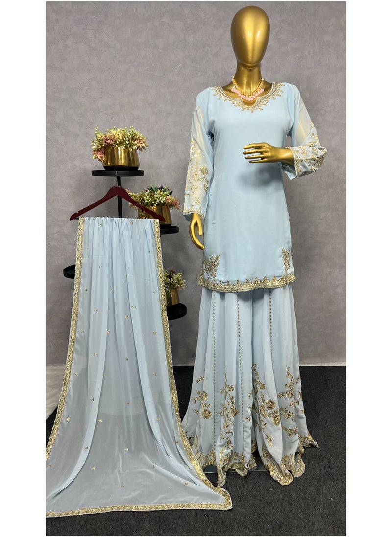 Super Asian "Gleaming Grace: Faux Georgette Sharara Suit with Sequin Embroidery"  - Image 5