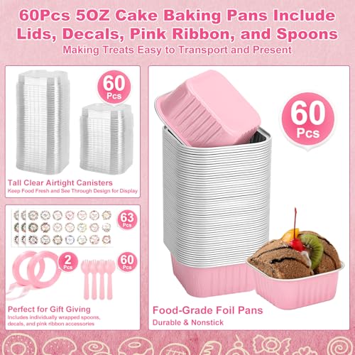 LifeisLuck 60 Pack Mini Cake Pans with Lids and Spoons 5oz Square Aluminum Foil Loaf Pans Pink Small Cake Tins Disposable Baking Pans Dessert Cupcake Cups with Ribbon Decals for Wedding Birthday Party Picnics - Image 3