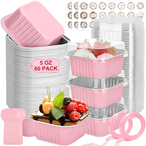 LifeisLuck 60 Pack Mini Cake Pans with Lids and Spoons 5oz Square Aluminum Foil Loaf Pans Pink Small Cake Tins Disposable Baking Pans Dessert Cupcake Cups with Ribbon Decals for Wedding Birthday Party Picnics - Image 1
