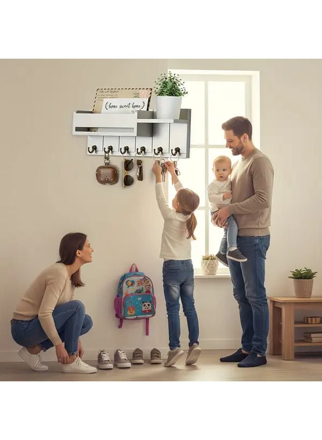 White Wall Mounted Key Holder Mail Organizer With Hooks Shelves Farmhouse Style - Image 5