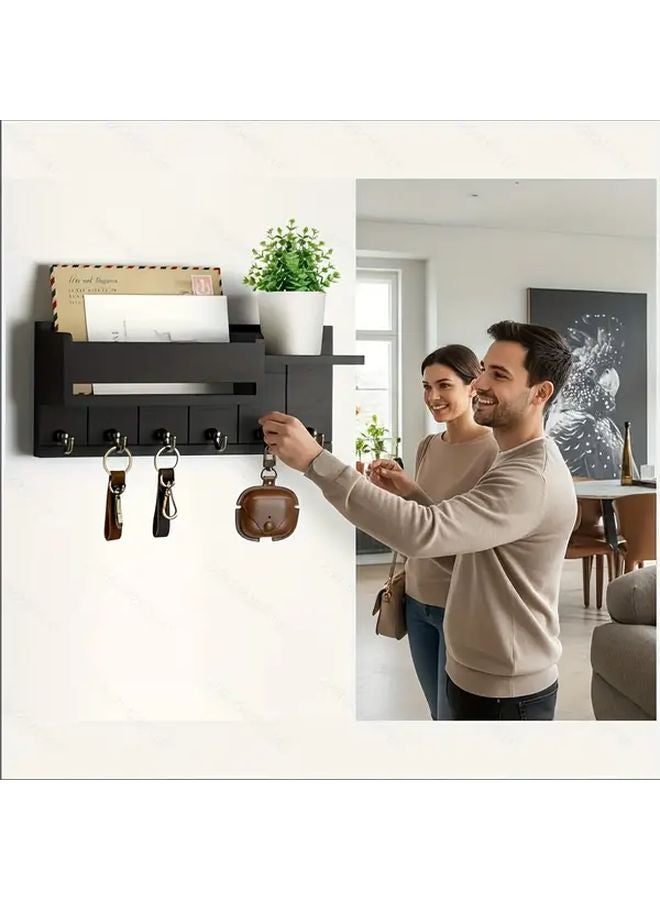 White Wall Mounted Key Holder Mail Organizer With Hooks Shelves Farmhouse Style - Image 3