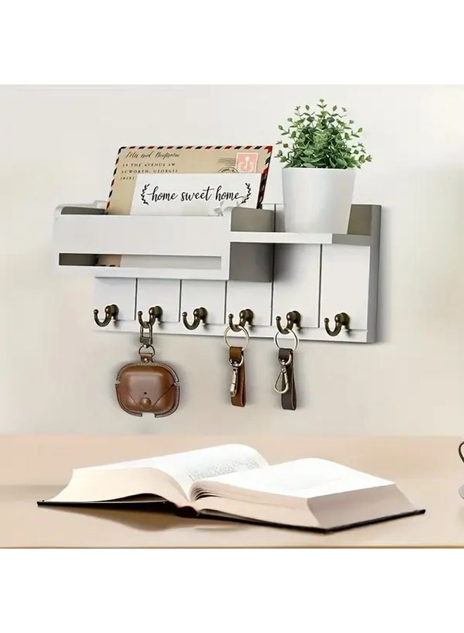 White Wall Mounted Key Holder Mail Organizer With Hooks Shelves Farmhouse Style - Image 1