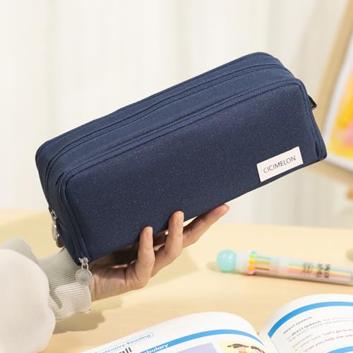 CICIMELON Large Capacity Pencil Case 3 Compartment Pouch Pen Bag for School Teen Girl Boy Men Women (Navy) - Image 2