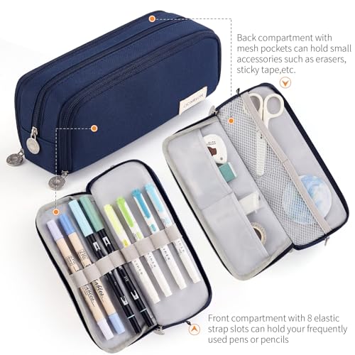 CICIMELON Large Capacity Pencil Case 3 Compartment Pouch Pen Bag for School Teen Girl Boy Men Women (Navy) - Image 4