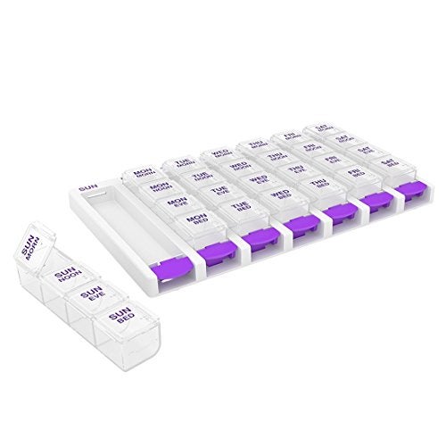 EZY DOSE Weekly (7-Day) Daily Pill Case, Medicine Planner, Vitamin Organizer Container, 4 Times a Day, Small Removable Compartments, Covenient and Easy to Use, Color May Vary, Clear Lids, BPA Free - Image 1