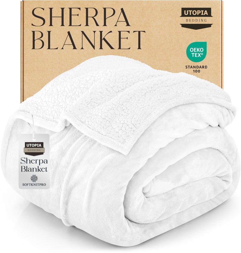 Utopia Bedding Sherpa Blanket Queen Size White 90x90 Inches Soft Lightweight Plush Fleece Reversible Blanket for Bed Sofa Couch Camping and Travel