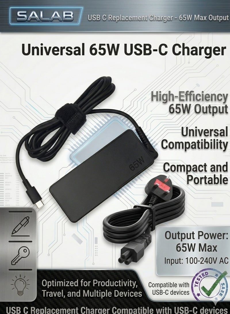 سالاب شاحن عالمي 65 وات USB C - شاحن بديل للكمبيوتر المحمول USB C متوافق مع Huawei Lenovo HP Asus Dell Samsung Acer Mac Book pro وجميع أجهزة الكمبيوتر أو الهواتف الذكية، سلك محول طاقة تيار متردد سريع من النوع C - Image 1
