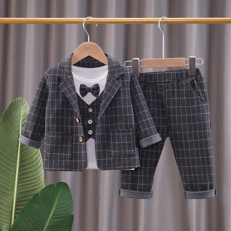 Boys fake four-piece suit set 2022 new childrens autumn Western style childrens thin baby bow tie suit British style X-long plaid suit Fake Four pieces Black 