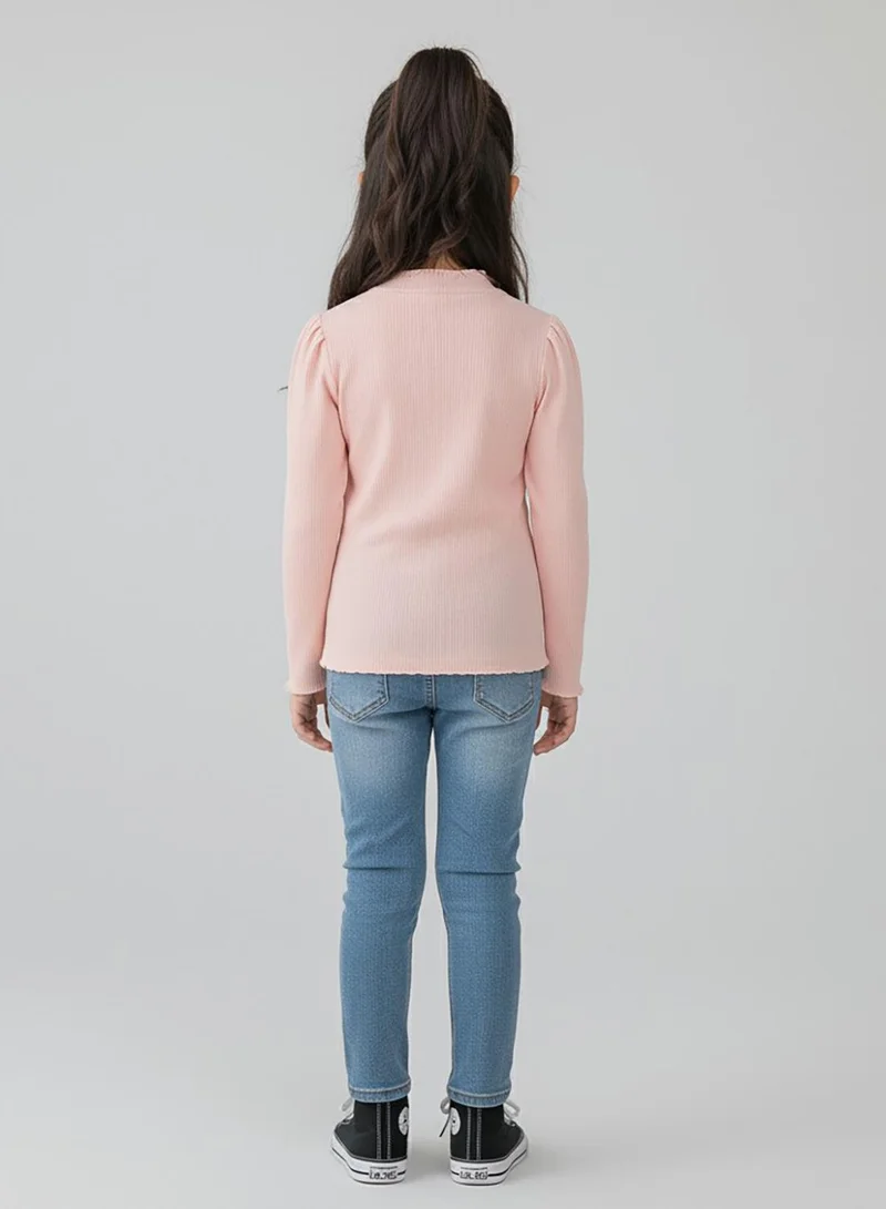 بيبي كلو بلوزة شتوية بناتي وردية بياقة دانتيل ومضلعة