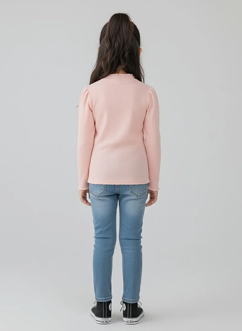 babyqlo Girls Lace Collar Pink Winter Ribbed Top