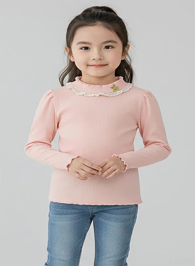 babyqlo Girls Lace Collar Pink Winter Ribbed Top