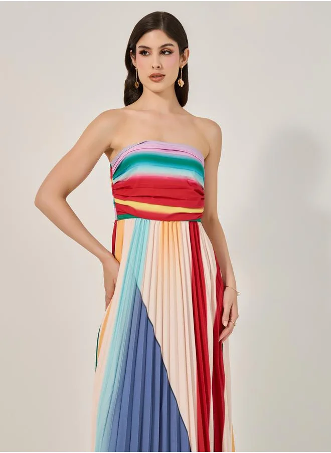 Styli Color Block Pleated Strapless A-Line Maxi Dress