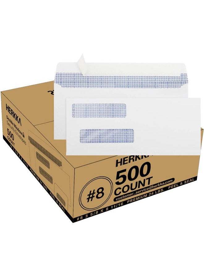 HERKKA #8 Double Window Security Check Envelopes, No.8 Double Window Bussiness Envelopes Designed for QuickBooks Checks - Computer Printed Checks - 3 5/8 X 8 11/16 (NOT for INVOICES) - 24 LB - 500 Count - Image 1