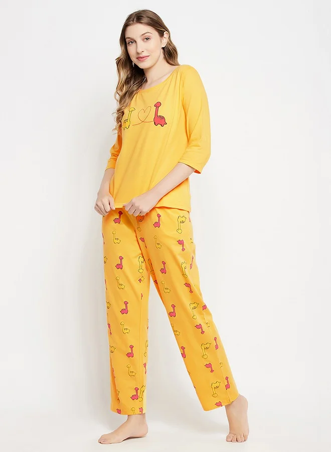 Clovia Clovia Dinosaur Print Top & Pyjama Set in Yellow - 100% Cotton