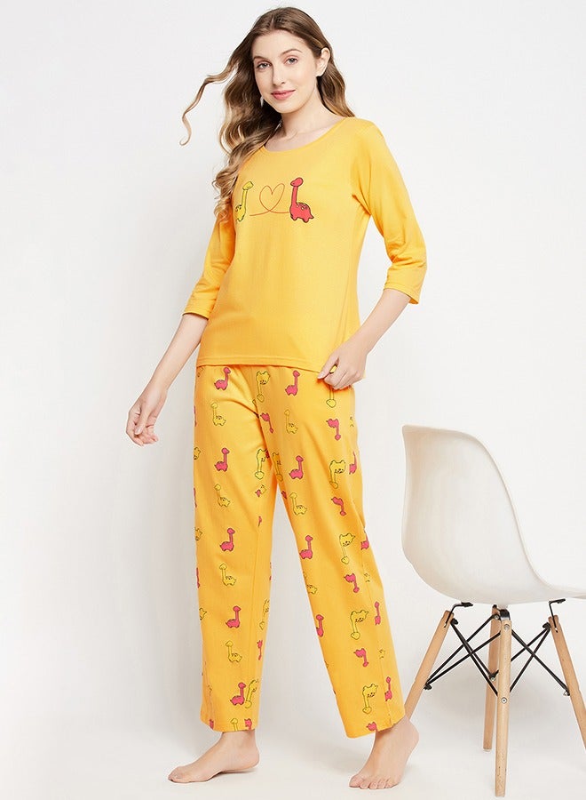 Clovia Dinosaur Print Top & Pyjama Set in Yellow - 100% Cotton - Image 1