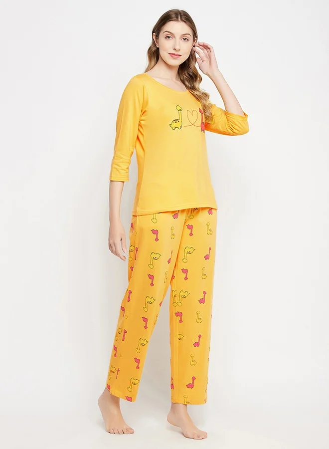 Clovia Clovia Dinosaur Print Top & Pyjama Set in Yellow - 100% Cotton