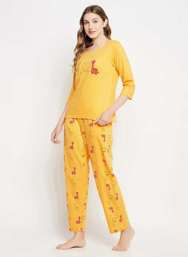 Clovia Clovia Dinosaur Print Top & Pyjama Set in Yellow - 100% Cotton