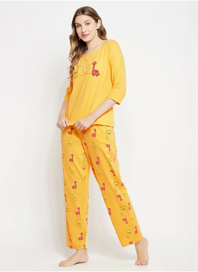 Clovia Clovia Dinosaur Print Top & Pyjama Set in Yellow - 100% Cotton