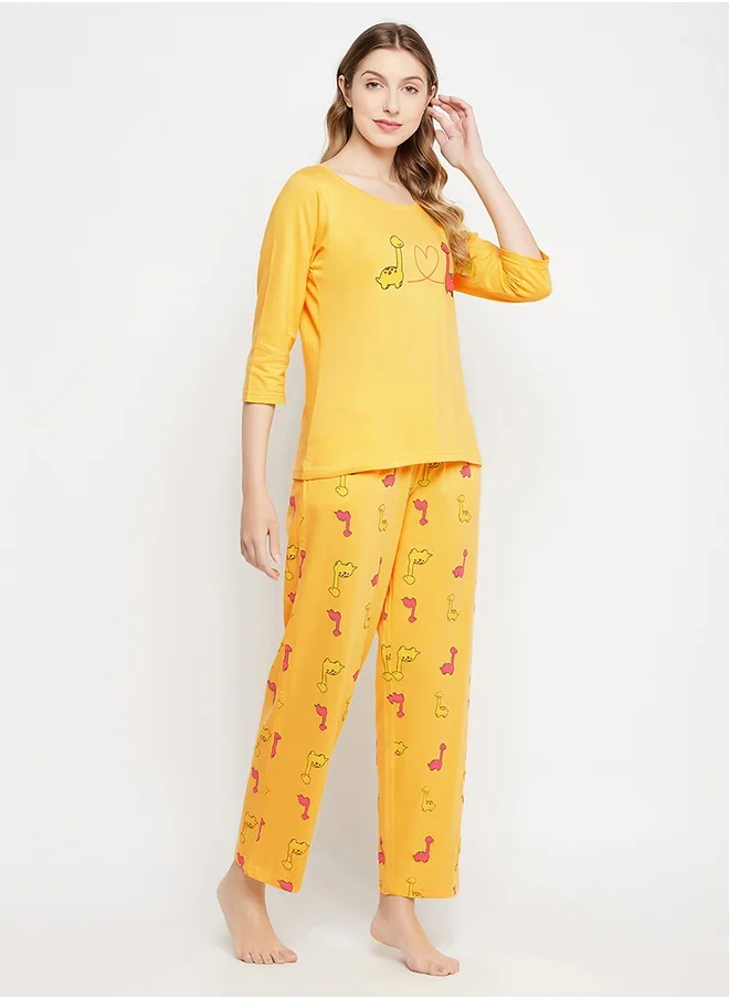 Clovia Clovia Dinosaur Print Top & Pyjama Set in Yellow - 100% Cotton